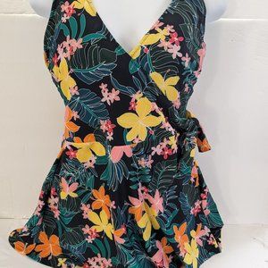 Old Navy V-Neck Wrap-Front One-Piece Swimsuit Dress Size Large Tropical Floral